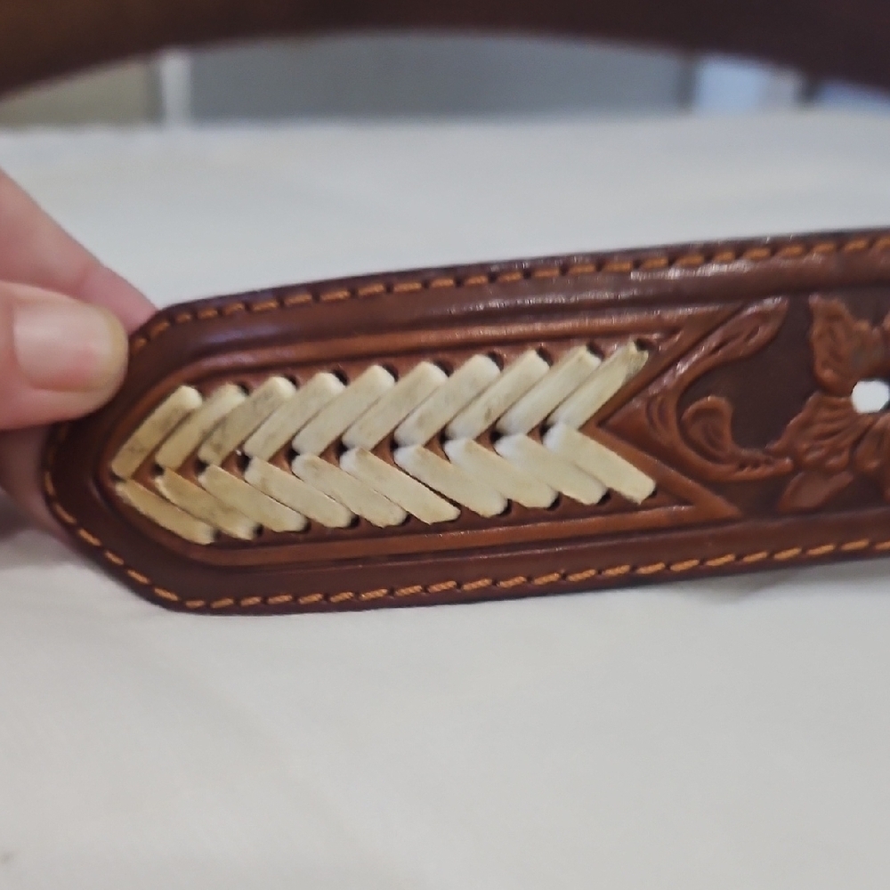 Brown Leather Belt with Intricate Tooling - Picture 5 of 11